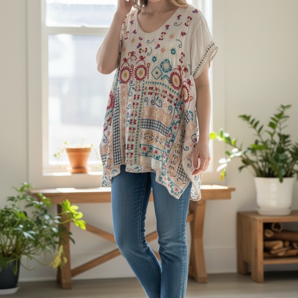 Johnny Was Multicolor Embroidered Tunic